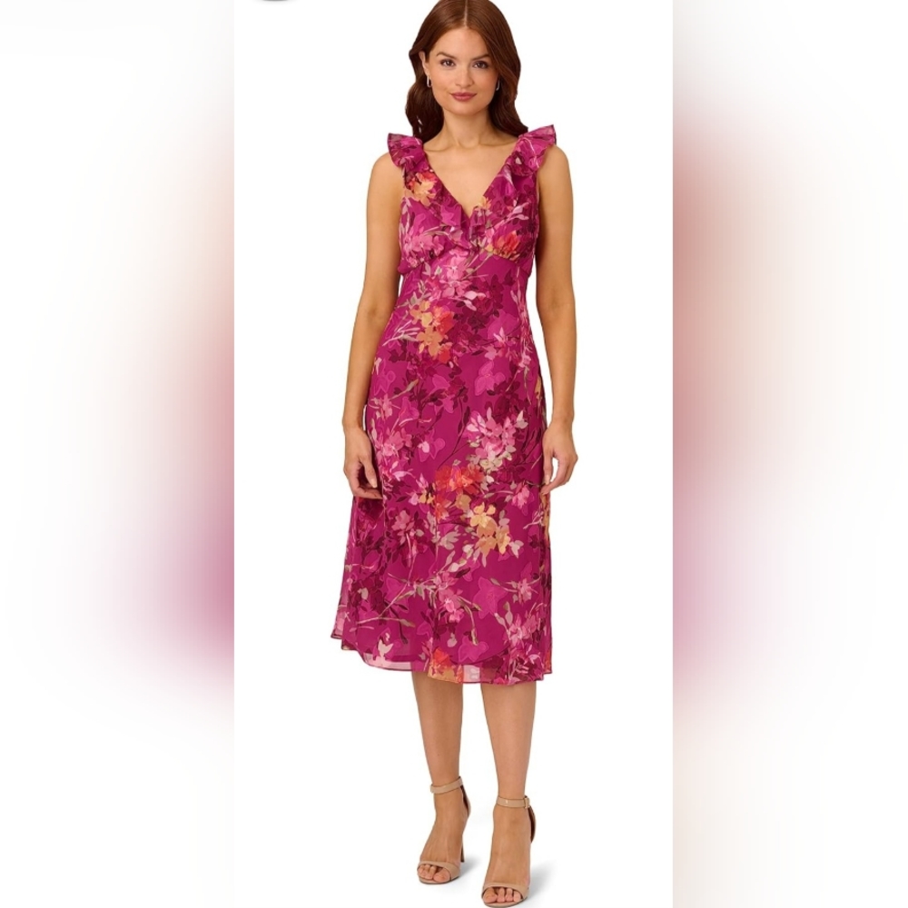 Adrianna Papell Ruffle Neckline Bias Dress Floral Printed Chiffon Maxi Dress 16
